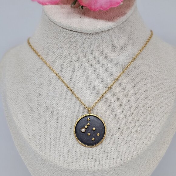 Satya Zodiac Horoscope Gemini Sign Pearl Gem Pendant Necklace 18K Gold Plated - Picture 3 of 12